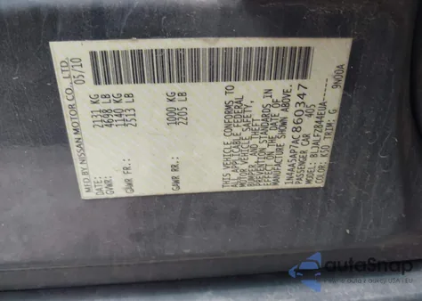 2010 Nissan Maxima 3.5 Sv z USA, uszkodzony, nr VIN 1N4AA5AP7AC860347